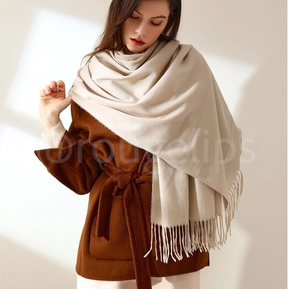 Beige Cream Wide Shawl Scarf With Tassels